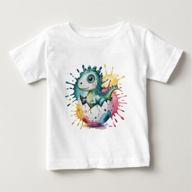 Camiseta Para Bebê Chá de Bebê do Dinossauro Fofo com respingos de Aq (Frente)
