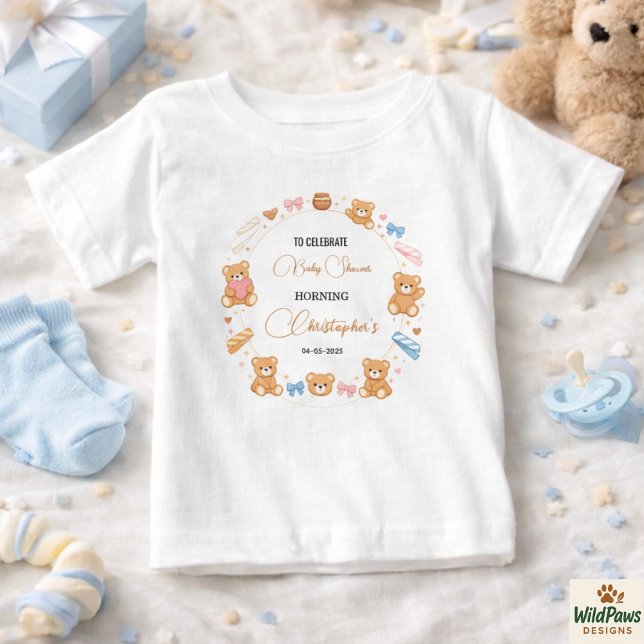 Camiseta Para Bebê Chá de Bebê do Ursinho Teddy - Menino | Urso Azul  (Teddy Bear Baby Shower Boy | Cute Blue Bear T-Shirt
)