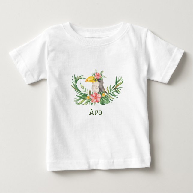 Camiseta Para Bebê Chá de Bebê Floral de Pássaro Tucano Tropical (Frente)