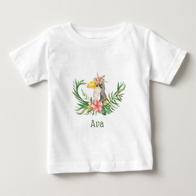 Camiseta Para Bebê Chá de Bebê Floral do Pássaro Tucano Tropical (Frente)