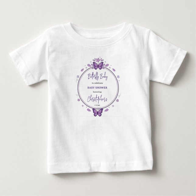 Camiseta Para Bebê Chá de Bebê Menina Borboleta Roxa (Frente)