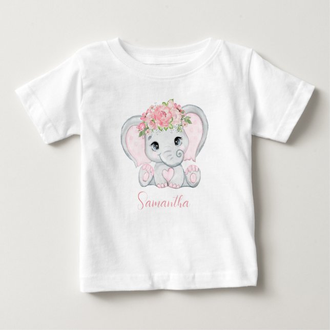 Camiseta Para Bebê Chá de Bebê Personalizado Elefante Rosa Meninas Be (Frente)