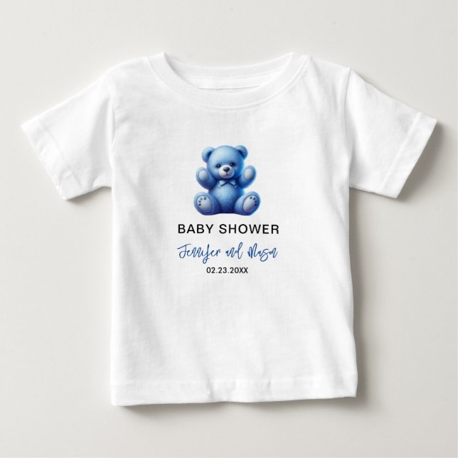 Camiseta Para Bebê Chá de Bebezinho do Urso Cinzento Azul (Frente)