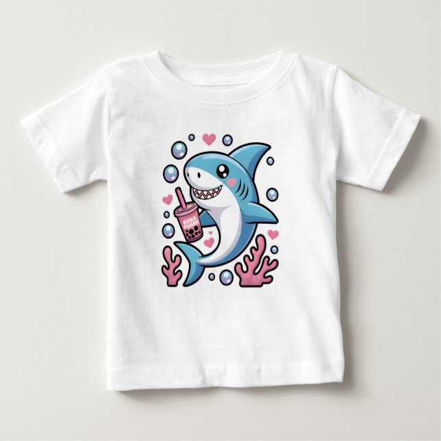 Camiseta Para Bebê Chá de bolha rosa-rosada, azul-branca, Kawaii (Frente)