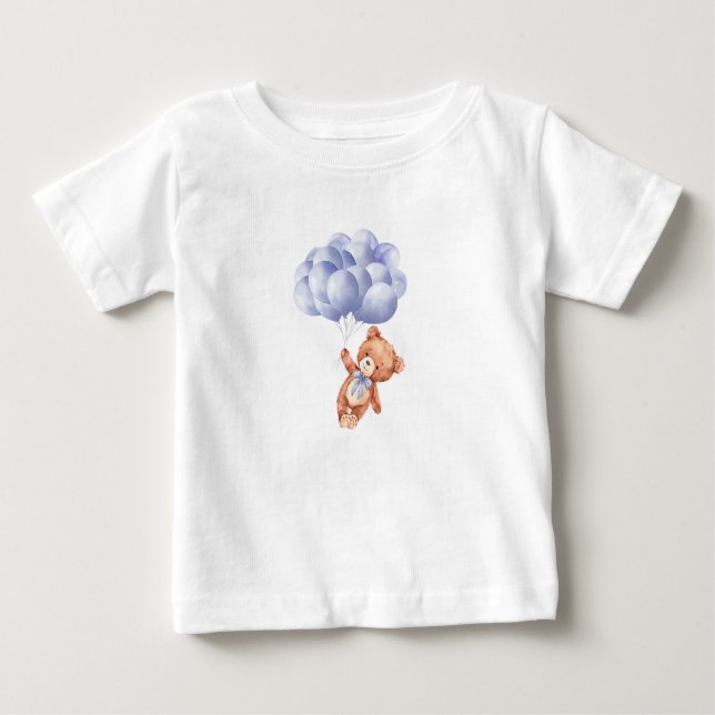 Camiseta Para Bebê Chá de fraldas de Aquarela de Azul-Urso Teddy (Frente)
