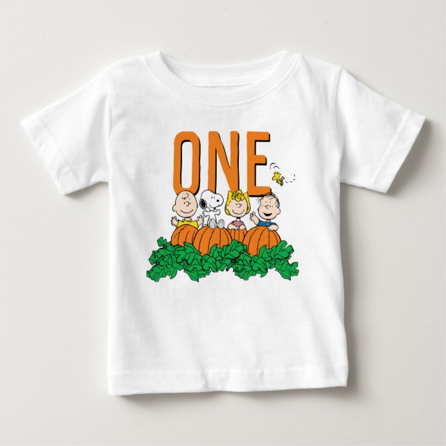 Camiseta Para Bebê Charlie Brown e Gang Pumpkin primeiro aniversario (Frente)