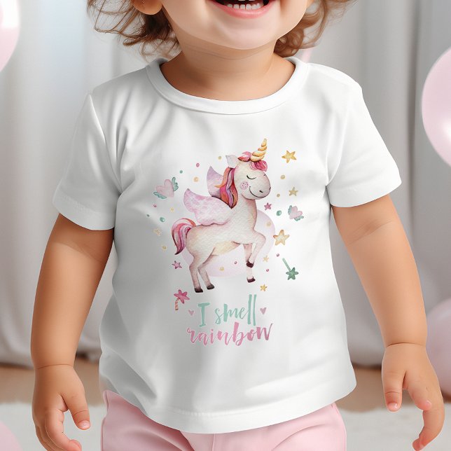 Camiseta Para Bebê Cheira Rainbow Fairytale Garota Unicorn (I Smell Rainbow Fairytale Unicorn Girl Baby T-Shirt)