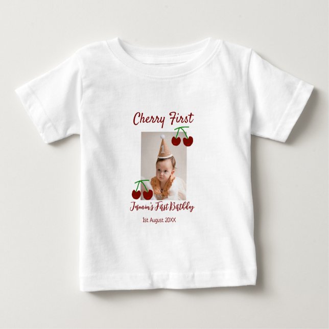 Camiseta Para Bebê Cherry Primeiro feliz foto de aniversário crianças (Frente)