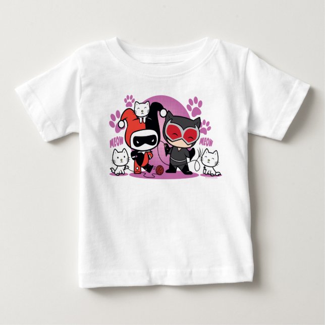 Camiseta Para Bebê Chibi Harley Quinn & Chibi Catman Com Gatos (Frente)