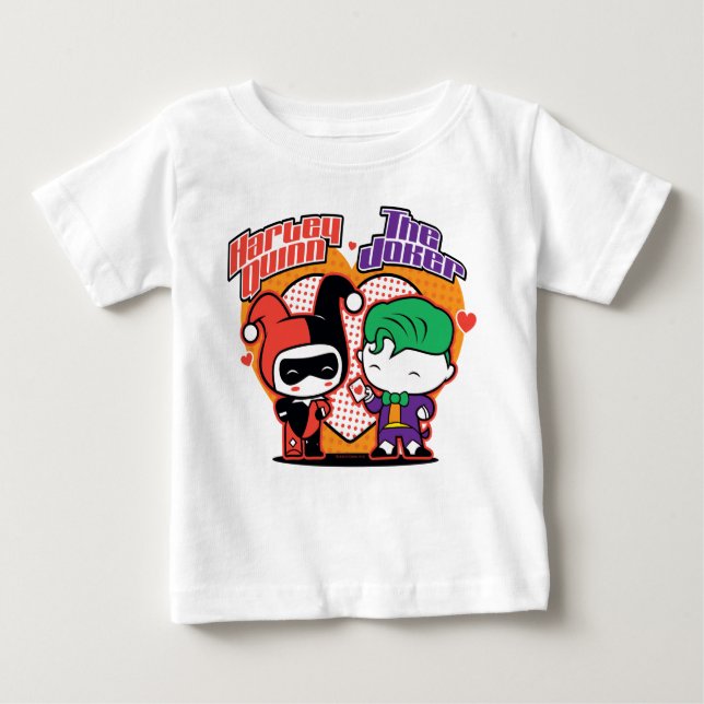 Camiseta Para Bebê Chibi Harley Quinn & Chibi Joker Hearts (Frente)