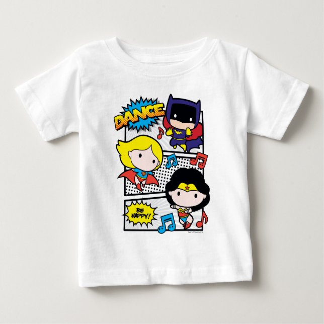 Camiseta Para Bebê Chibi Heroes Dançando (Frente)