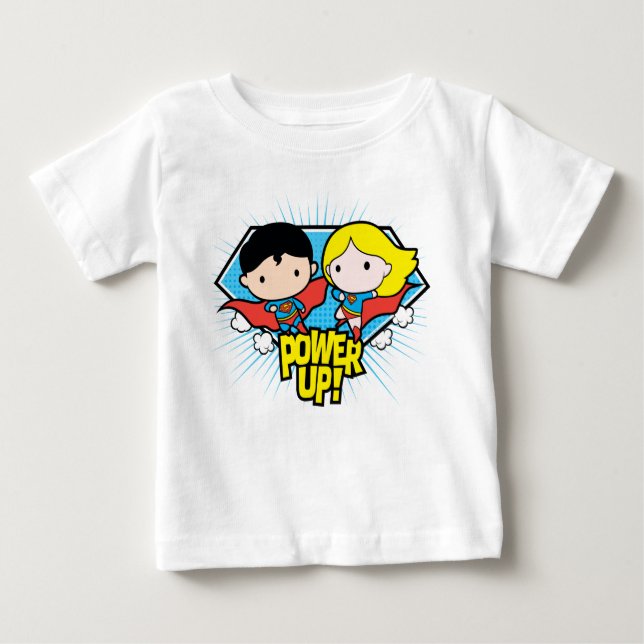 Camiseta Para Bebê Chibi Superman e Chibi Supergirl Ligam! (Frente)