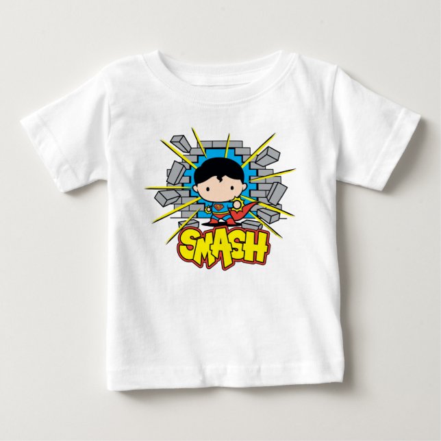 Camiseta Para Bebê Chibi Superman Smashing Através da Parede de tijol (Frente)