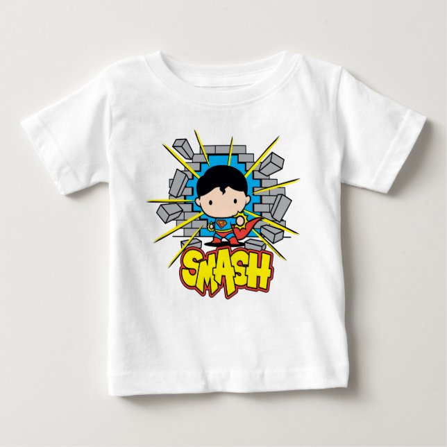 Camiseta Para Bebê Chibi Superman Smashing Através da Parede de tijol (Frente)