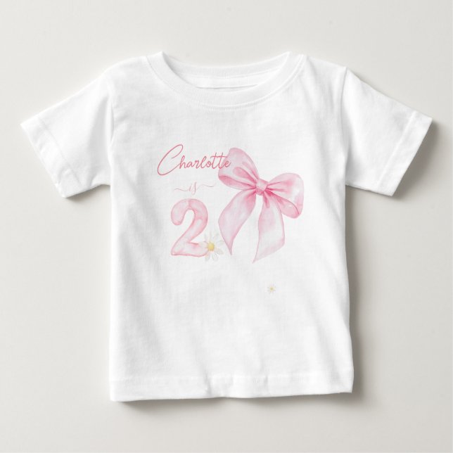 Camiseta Para Bebê Chic Pink Bow Ribbon 2 Two 2nd Birthday (Frente)