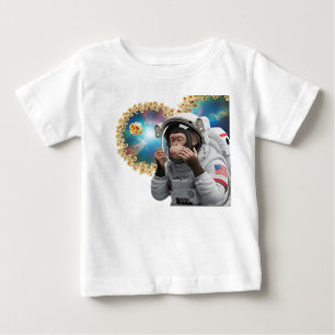 Camiseta Para Bebê Chimpanzé Astronauta Flutuando com Pipoca Cósmica