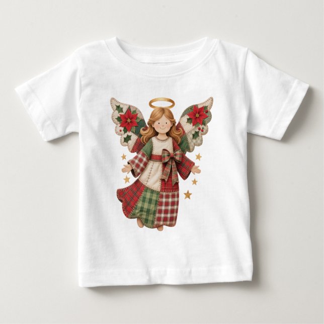 Camiseta Para Bebê Christmas Angel with Golden Stars (Frente)