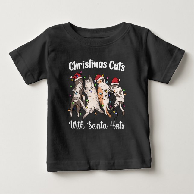 Camiseta Para Bebê Christmas Cats with Santa Hats Cute Funny Holiday (Frente)