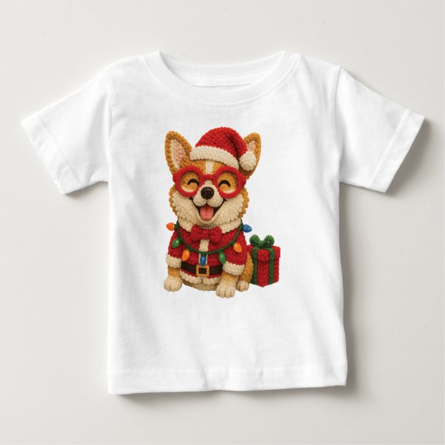 Camiseta Para Bebê Christmas Corgi Crochet Look (Frente)