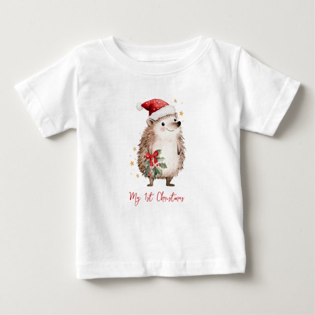 Camiseta Para Bebê Christmas Hedgehog in Santa Hat  (Frente)