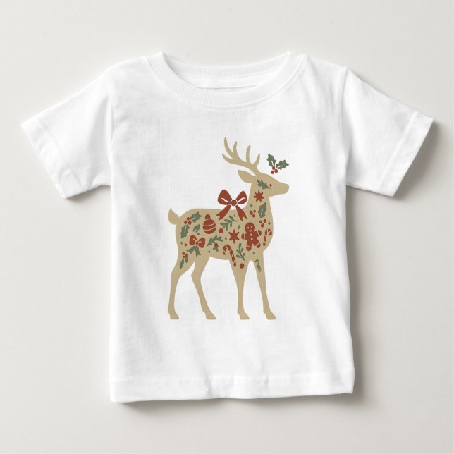 Camiseta Para Bebê Christmas Reindeer Floral Art (Frente)
