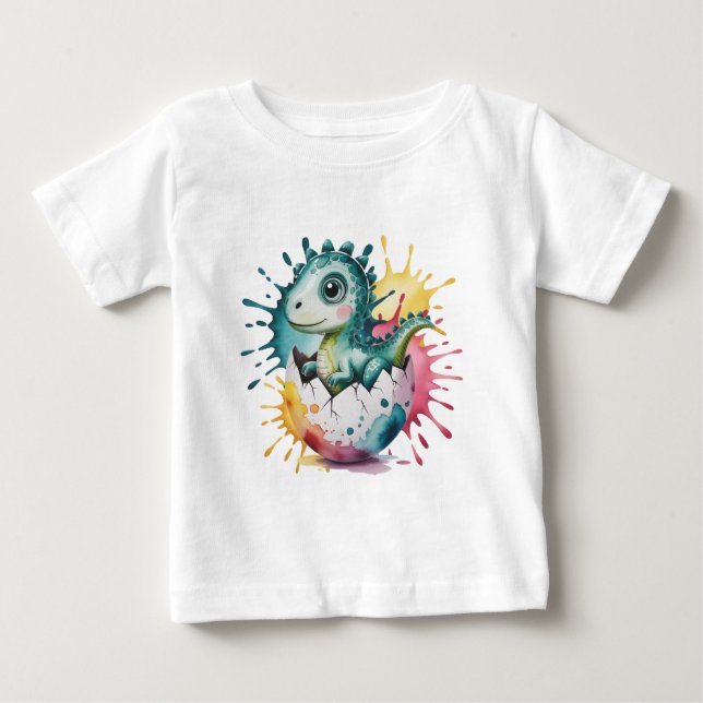 Camiseta Para Bebê Chuveiro de Bebê de Dinossauro Fofo com Salpicos d (Frente)