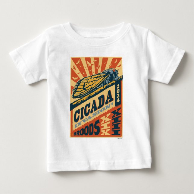 Camiseta Para Bebê Cicada Invasão 2024 - Letra Press (Frente)