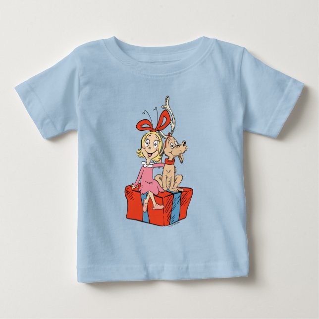 Camiseta Para Bebê Cindy Lou Who and Max on a Present (Frente)