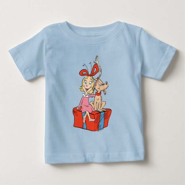 Camiseta Para Bebê Cindy Lou Who e Max em um Presente (Frente)