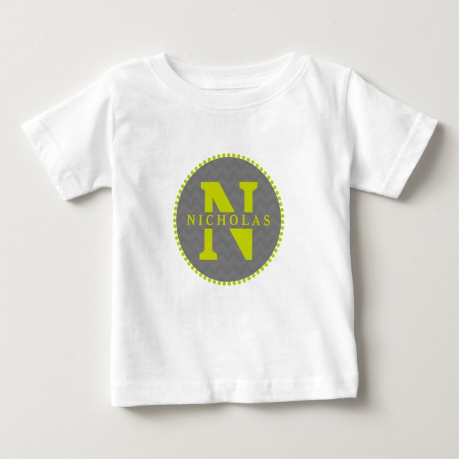 Camiseta Para Bebê Cinza Chevron + Monograma Verde Romper (Frente)