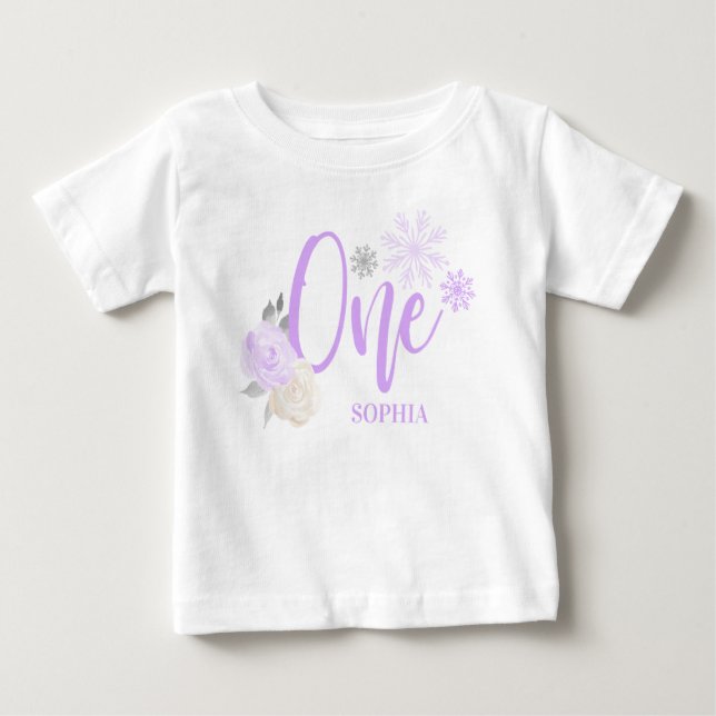 Camiseta Para Bebê Cinza roxa Floral Winter ONEderland primeiro anive (Frente)