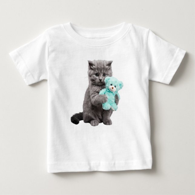 Camiseta Para Bebê Cinza Tabby e Teddy Bear (Frente)