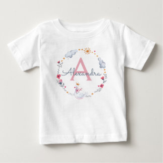 Camiseta Para Bebê Cisne rosa-claro e coroa floral solar com monogram