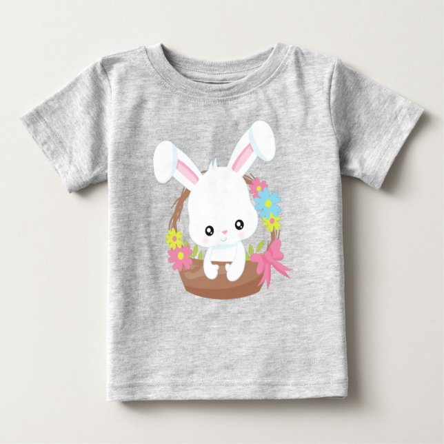 Camiseta Para Bebê Coelhinho Bonito, Coelhinho Branco, Coelho, Cesto, (Frente)
