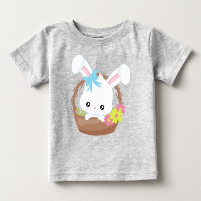 Camiseta Para Bebê Coelhinho Bonito, Coelhinho Branco, Coelho, Flores (Frente)