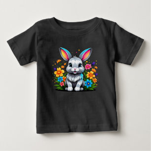 Camiseta Para Bebê Coelhinho Bonito com Flores Coloridas