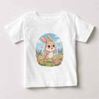 Camiseta Para Bebê Coelhinho Bonito Fazendo Compras em Campo Flor