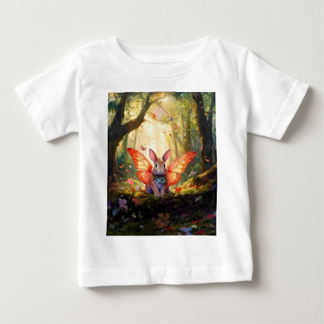 Camiseta Para Bebê Coelhinho branco numa floresta encantada (Frente)
