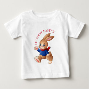 Camiseta Para Bebê Coelhinho da Páscoa Vestindo Jaqueta Azul Minha Pr