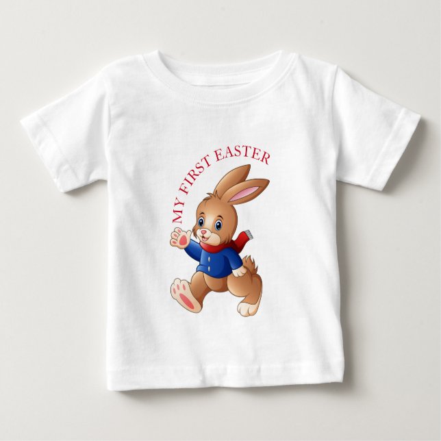 Camiseta Para Bebê Coelhinho da Páscoa Vestindo Jaqueta Azul Minha Pr (Frente)