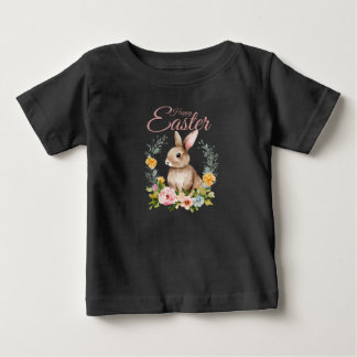Camiseta Para Bebê Coelhinho de Aquarela Fofo com Coroa Floral de Pás