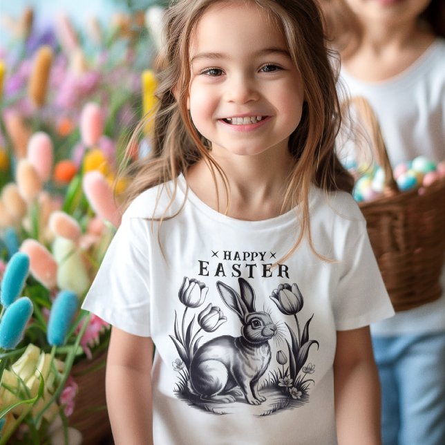 Camiseta Para Bebê Coelhinho de Felz pascoa com Tulipas com Tinta Ret (Criador carregado)