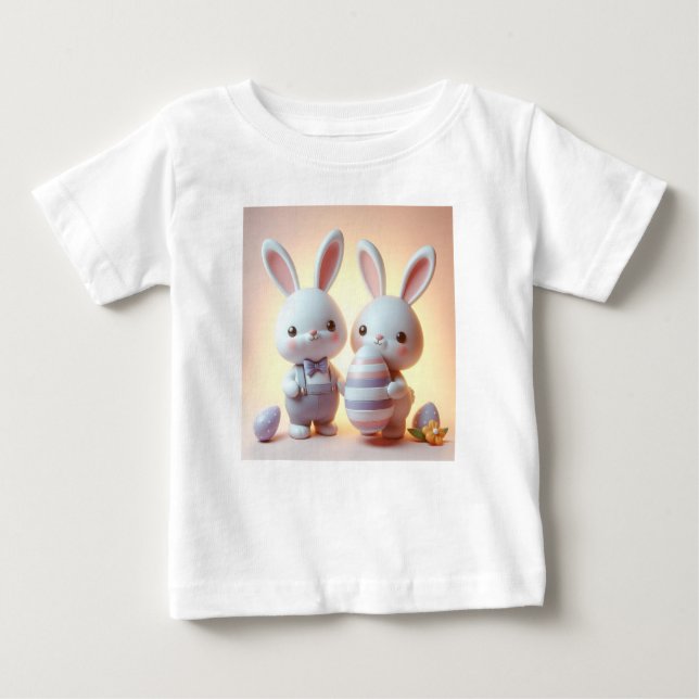Camiseta Para Bebê Coelhinho de Páscoa 3D charmoso com ovo Festivo (Frente)