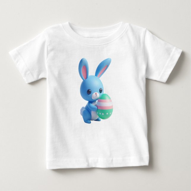Camiseta Para Bebê Coelhinho de Páscoa 3D Repleto Segurando um Ovo Co (Frente)