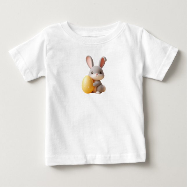 Camiseta Para Bebê Coelhinho de Páscoa 3D Segurando Um Ovo Vibrante (Frente)