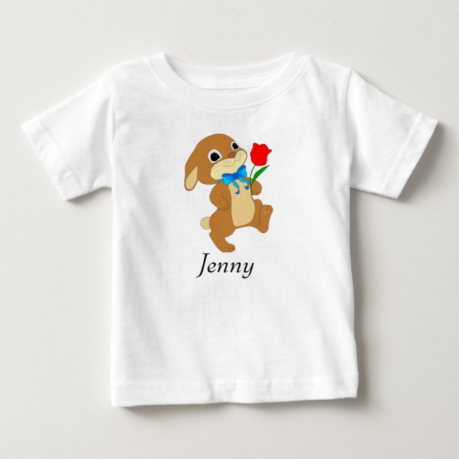 Camiseta Para Bebê Coelhinho de Páscoa Bebê com Rosa vermelha (Frente)