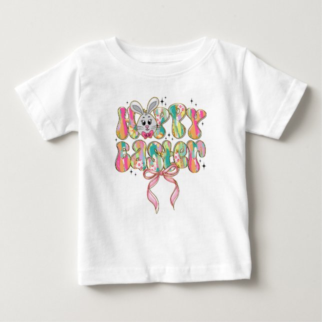 Camiseta Para Bebê Coelhinho de Páscoa Laço Coquete Feliz (Frente)