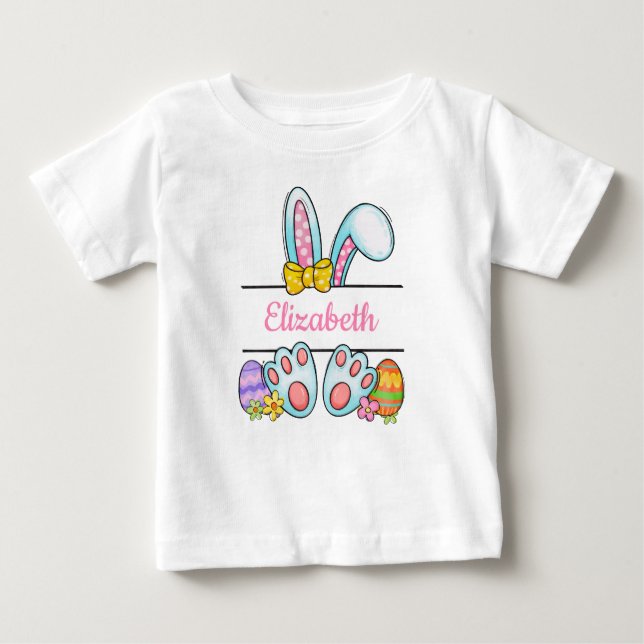 Camiseta Para Bebê Coelhinho de Páscoa Rosa Monograma Bebê Menina Pás (Frente)
