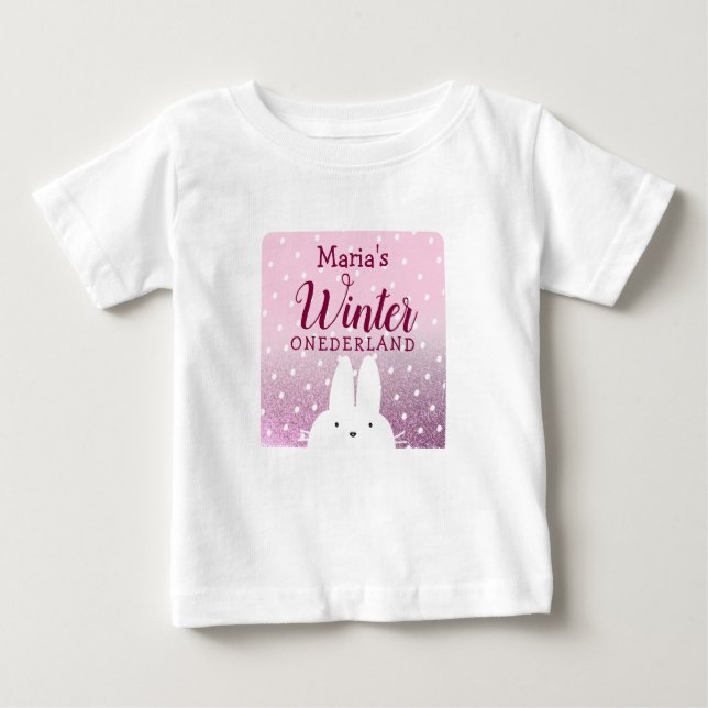 Camiseta Para Bebê Coelhinho Rosa-Brilhante Winter Onederland (Frente)