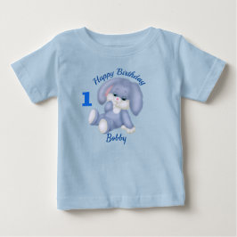 Camiseta Para Bebê Coelho Azul Meninos 1º Aniversário Nome Idade Pers